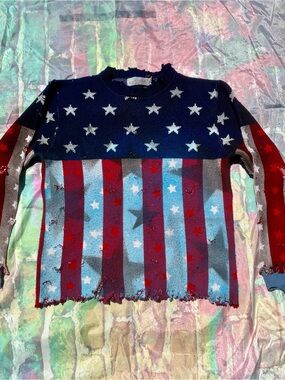 Retro vintage Distressed Stars & Stripes Knit Sweater - Red, Blue, White